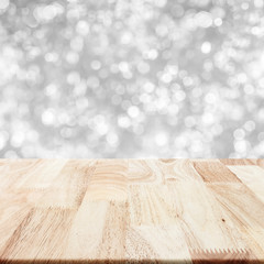 Modern wood table with grey blurry background for display your p