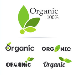 100% organic product logo set. Natural food labels. Fresh farm s