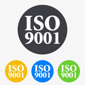Icono plano texto ISO 9001 en circulo varios colores