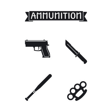 Ammunition icons set. Gun and knife, knuckle and duster batoon vector illustration