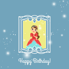 Happy Birthday blue and yellow greeting card with fairy princess. Vector illustration