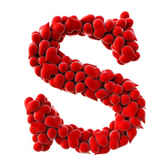 Alphabet made from red hearts. isolated on white. 3D illustration.