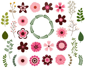 Vector Set of Pink Vintage Flowers