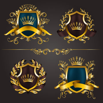 Set of golden royal shields with floral elements, ribbons, laurel wreaths for page, web design. Old frame, border, crown, divider in vintage style for label, emblem, badge, logo. Illustration EPS10