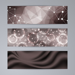 Set of templates for design of horizontal banners, covers, posters in geometric graphic style for web site. Abstract modern polygonal, bokeh, elegant drapery texture backgrounds. Illustration EPS10