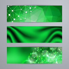 Set of templates for design of horizontal banners, covers, posters in geometric graphic style for web site. Abstract modern polygonal, bokeh, elegant drapery texture backgrounds. Illustration EPS10