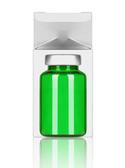 Medical bottle with paper box on white background