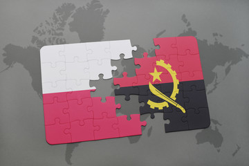 puzzle with the national flag of poland and angola on a world map background. 3D illustration © luzitanija
