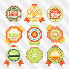 Vector set of isolated labels to the World teacher's day against the background of striped.