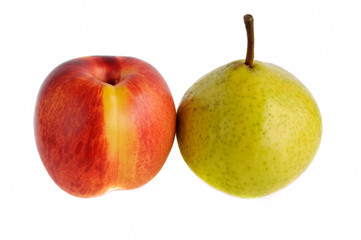 nectarine and pear on a white background