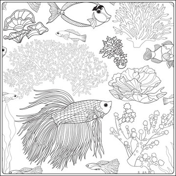 Pattern with decorative corals and sea or aquarium fish. Anti stress coloring book for adult. Outline drawing coloring page.