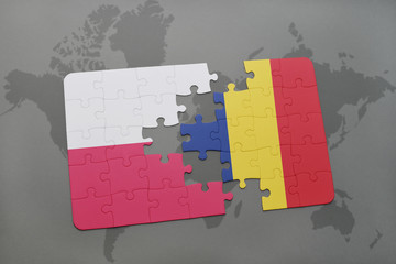 puzzle with the national flag of poland and chad on a world map background. 3D illustration