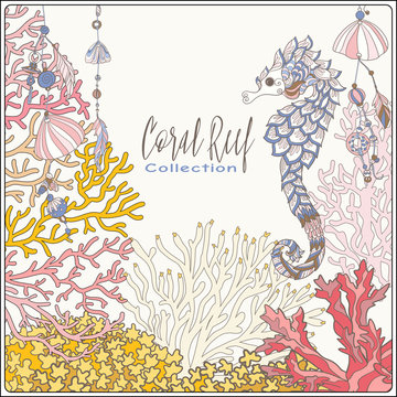 Coral reef collection. Corals and fish.