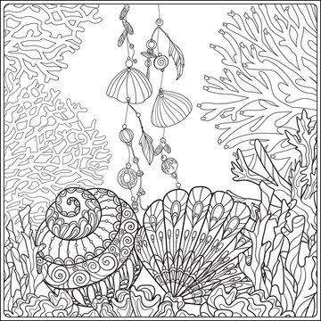 Pattern with decorative corals and sea or aquarium fish. Anti stress coloring book for adult. Outline drawing coloring page.