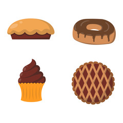 Vector illustration of bakery product food collection. Breakfast wheat meal chocolate dessert bakery products. Fresh grain product bun roll bakery products grocery health diet snack gourmet cereal.