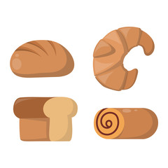 Vector illustration of bakery product food collection. Breakfast wheat meal chocolate dessert bakery products. Fresh grain product bun roll bakery products grocery health diet snack gourmet cereal.