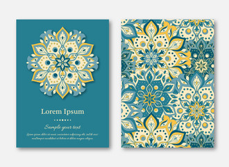 Set of cards, flyers, brochures, templates with hand drawn mandala pattern. Vintage oriental style. Indian, asian, arabic, islamic, ottoman motif. Vector illustration.