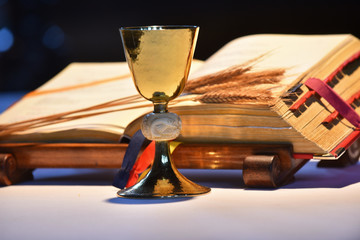 Elegant golden chalice with open prayer book in the background.