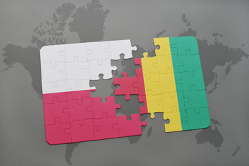 puzzle with the national flag of poland and guinea on a world map background. 3D illustration