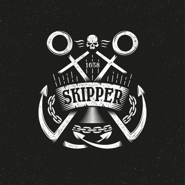 Marine grunge logo with two crossed anchors, ribbon and chain on a dark background. Textures, text and background on separate layers.