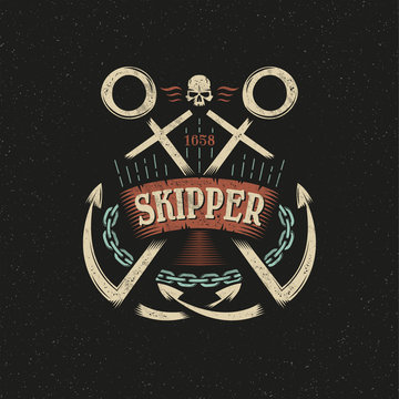 Anchor marine hipster logo, emblem, mascot in vintage style on a dark background. Textures, backgrounds on separate layers. Vector illustration.