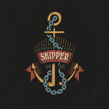 Color logo, emblem with anchor in a vintage retro style. Textures, background on separate layers.