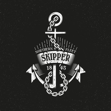 Vintage retro anchor with chain and ribbon grungy style on a black background. Marine logo vector illustration. Textures, text, background on separate layers.