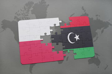 puzzle with the national flag of poland and libya on a world map background. 3D illustration