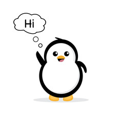 Penguin say hi vector illustration. Penguin with text. Cute cartoon character. Arctic animal. Flat vector design on white background.