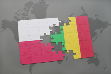 puzzle with the national flag of poland and mali on a world map background. 3D illustration