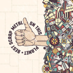 Steampunk poster template - large pile of scrap metal, spare parts and a hand with a raised thumb. Machinery elements in clipping mask - can be extracted and moved.