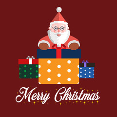 Santa Claus vector illustration with three gift box and white text Merry Christmas on dark red background for postcard or getting card.