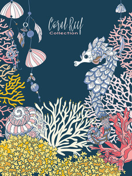 Coral reef collection. Underwater world. corals and fish.