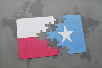 puzzle with the national flag of poland and somalia on a world map background. 3D illustration