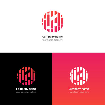 Music note and equalizer beat background flat logo icon vector template. Abstract symbol and button with red-pink t gradient for music service or company.