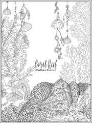 Coral reef collection.Anti stress coloring book for adult and. Outline drawing coloring page.