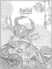 Obraz premium Coral reef collection.Anti stress coloring book for adult and. Outline drawing coloring page.
