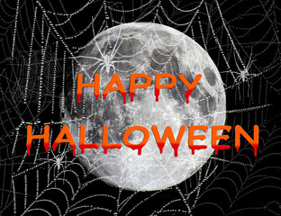 Happy Halloween - creepy bleeding letters over a spider web and in the distance, a full moon.