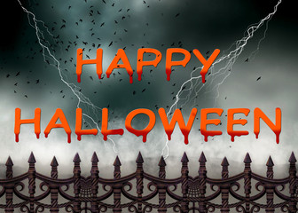 Happy Halloween with lightning, ravens flying on a blustery night, and an old iron fence in the foreground