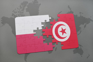 puzzle with the national flag of poland and tunisia on a world map background. 3D illustration