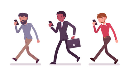 Three men are walking holding a smartphone. Cartoon vector flat-style illustration