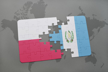 puzzle with the national flag of poland and guatemala on a world map background. 3D illustration
