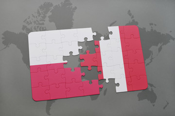 puzzle with the national flag of poland and peru on a world map background. 3D illustration
