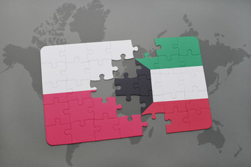 puzzle with the national flag of poland and kuwait on a world map background. 3D illustration