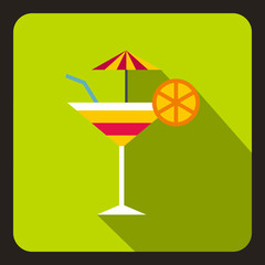 Martini glass of cocktail with orange and umbrella icon in flat style on a lime background vector illustration