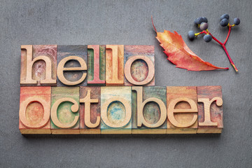 hello October word abstrtact in wood type