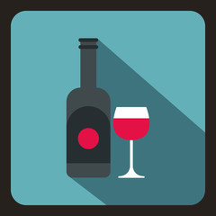 Bottle of wine and glass icon in flat style on a baby blue background vector illustration