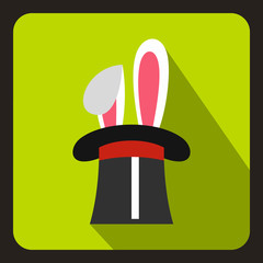 Rabbit appearing from a top magic hat icon in flat style on a lime background vector illustration
