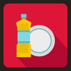 Bottle of dish soap and clean dish icon in flat style on a crimson background vector illustration