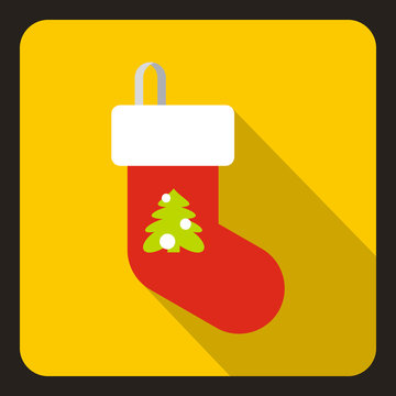 Christmas sock icon in flat style with long shadow. New year symbol vector illustration